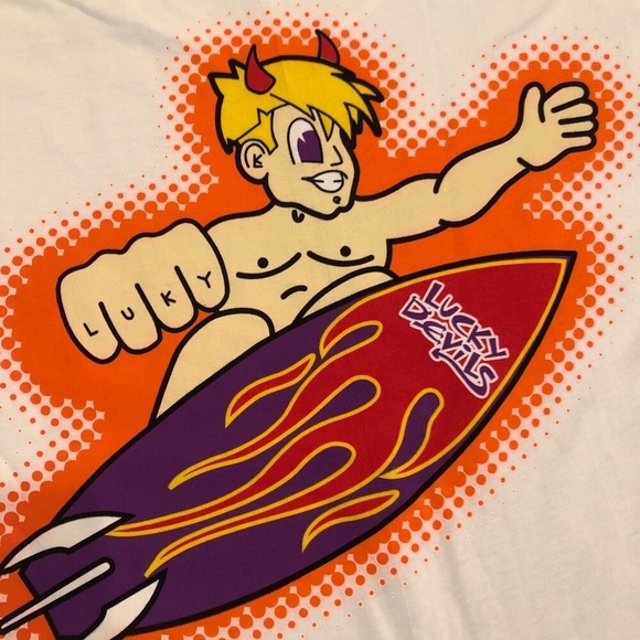 Lucky Devils "Surfer Devil on White Short Sleeve T-Shirt" - Picture 2 of 6
